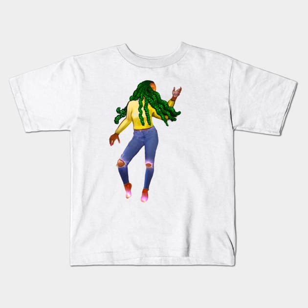 Sparkle and Dance  - dancing woman wearing blue denim jeans and green braids in her Hair Kids T-Shirt by Artonmytee